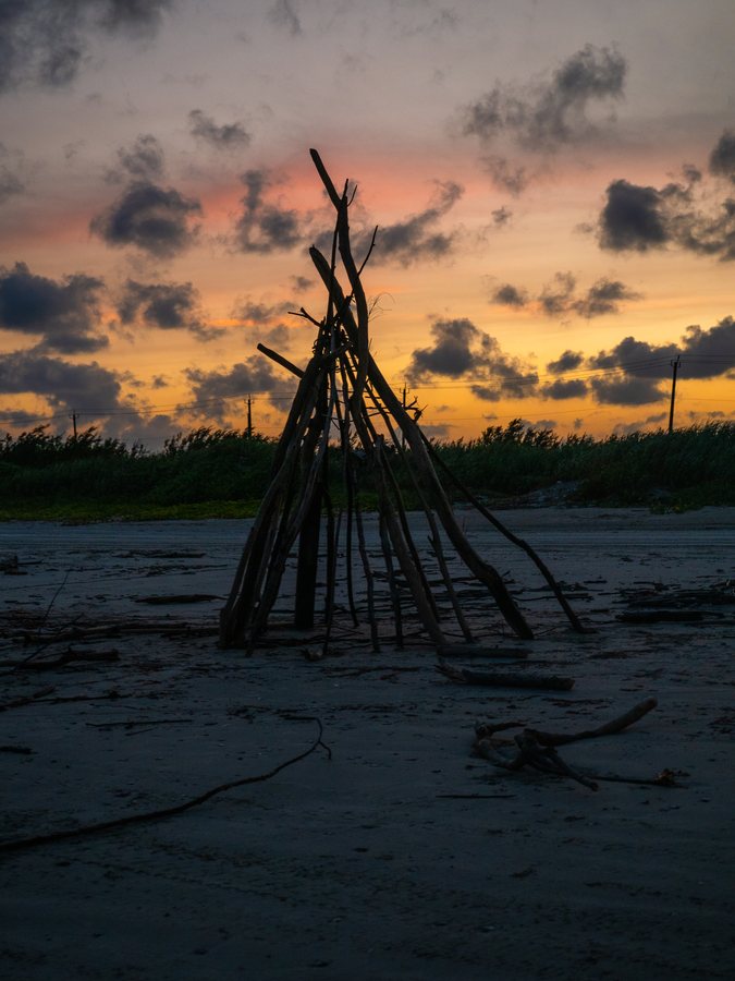 Driftwood teepee, San Luis Pass, Follet's Island, Brazoria County